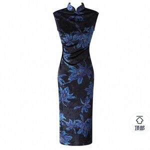 Elegant Black and Blue Floral qipao Dress